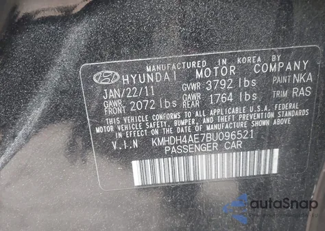 2011 Hyundai Elantra Gls (Ulsan Plant) из США, поврежденный, VIN KMHDH4AE7BU096521